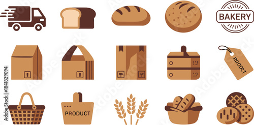 Bakery and bread product icons collection, delivery truck, packaging boxes, wheat symbols, baked goods illustration set