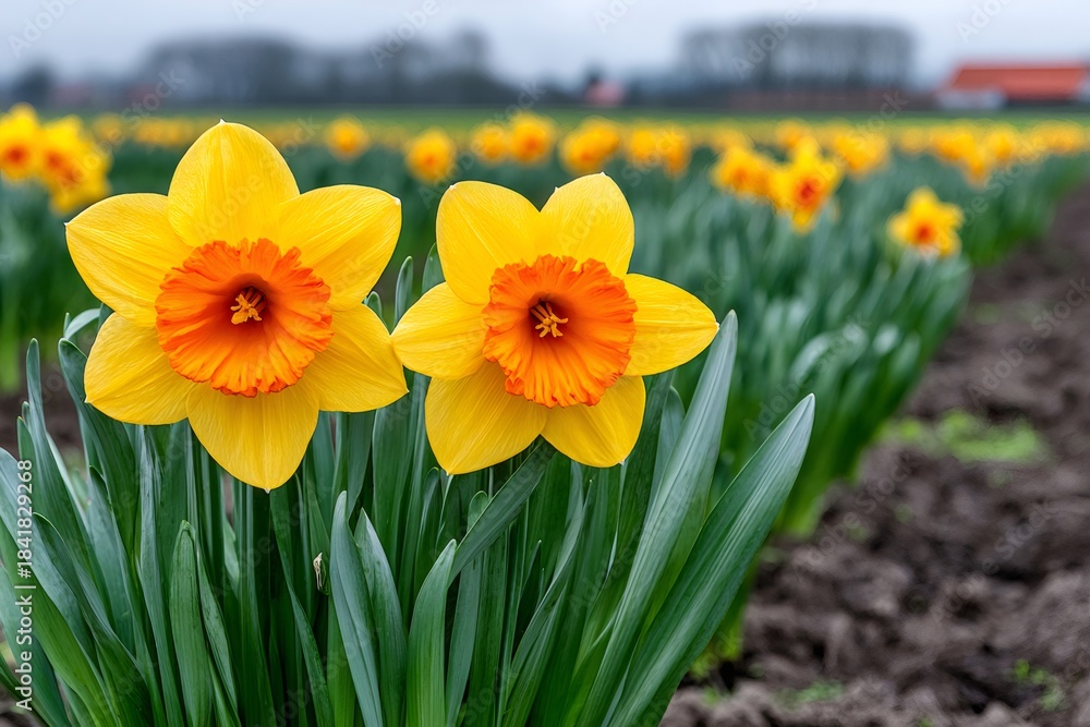 Obraz premium Daffodil flowers blooming in spring field rows