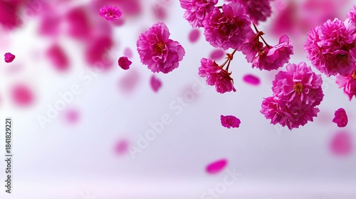 Vibrant pink cherry blossoms gracefully floating in soft breeze