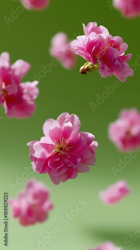 Pink cherry blossoms and honeybee on green background