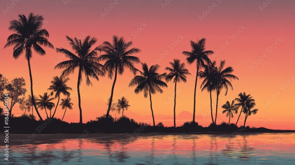 Obraz premium Palm trees create a silhouette against a colorful sky at sunset. The calm water reflects the vibrant colors and the scene shows nature's beauty.