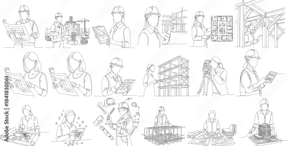 Fototapeta premium Black and White Line Art Construction Worker Building Site People Illustration