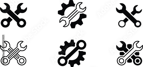 Wrench and gear icon set, black and outline mechanical repair symbols, maintenance tools illustration collection