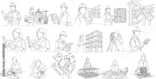 Black and White Line Art Construction Worker Building Site People Illustration