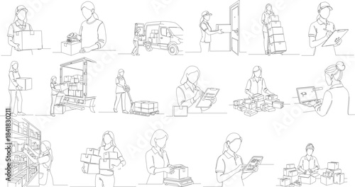 Minimalist Line Drawing Delivery Courier with Boxes and Clipboard Illustration