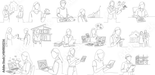 Minimalist Outline People Lifestyle Interaction with House and Building Icon Set