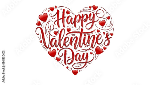 A vibrant red heart shape filled with elegant script text 'Happy Valentine's Day' surrounded by small hearts and decorative swirls on a white background, symbolizing love and celebration.