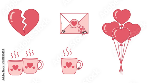 A collection of charming pink and red Valentine's Day themed icons including a broken heart, an envelope, balloons, and steaming mugs.