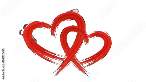 Two intertwined red hearts with a brush stroke texture, symbolizing love and connection.