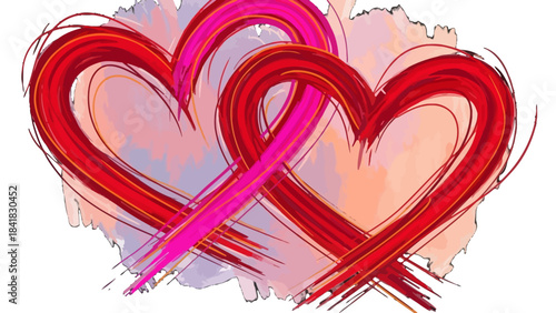 Two intertwined hearts, one red and one pink, painted with a brushstroke effect on a watercolor background.
