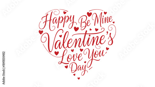 A beautiful red heart-shaped design with the text "Happy Be Mine Valentine's Love You Day" written in elegant script, perfect for Valentine's Day.