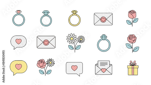 A collection of pastel-colored line art icons representing love, romance, and wedding themes, including rings, flowers, letters, and heart messages.