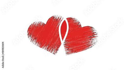 Two red textured hearts connected by a white abstract shape on a white background, symbolizing love and unity.