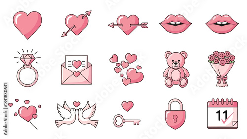 A collection of pink Valentine's Day themed icons including hearts, lips, a ring, a teddy bear, and a calendar.