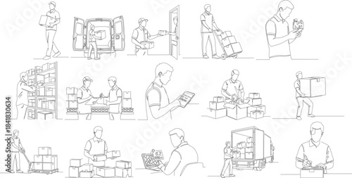 Outline Handdrawn Detailed People Activity Collection Line Art Illustration
