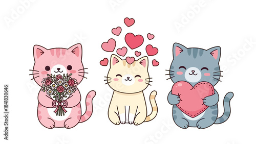 Three adorable cartoon cats, one holding a bouquet of flowers, another surrounded by hearts, and the third clutching a large heart, all in a cute, kawaii style.
