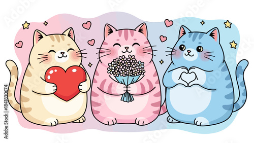 Three adorable cartoon cats, one holding a red heart, another a bouquet of flowers, and the third forming a heart with their paws, against a pastel background with hearts and stars.