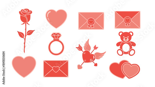 A collection of red and pink Valentine's Day themed icons including hearts, roses, envelopes, a ring, and a teddy bear.