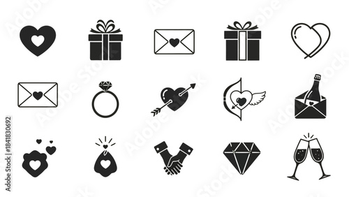 A collection of black and white vector icons representing love, romance, and special occasions, including hearts, gifts, rings, and champagne.