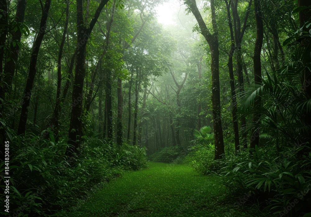 Obraz premium Dense, wet tropical rain forest environment featuring vibrant emerald foliage, towering trees, and filtered sunlight highlighting the natural ecosystem ,undergrowth ,wet ,lush
