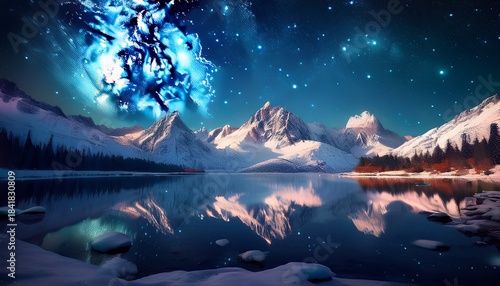 snowy mountain range reflecting in a frozen lake under a starry night sky