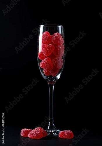 Elegant and vibrant still life captured with high contrast. Shiny red jelly heart candies filling a crystal champagne flute against a deep black background ,crystal ,black ,luxurious