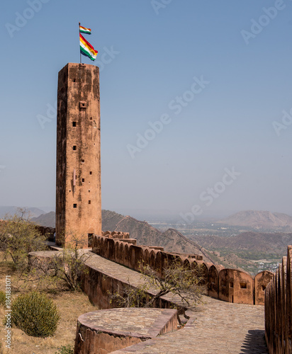 Jaigarh fort tower flag flying high in jaipur India