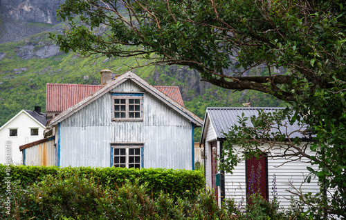 Rustic wooden house with red roof framed by green trees and mountains