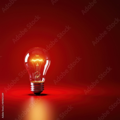 Single illuminated electric light bulb centered against a vivid saturated red surface, representing innovation and energy ,power, studio, success