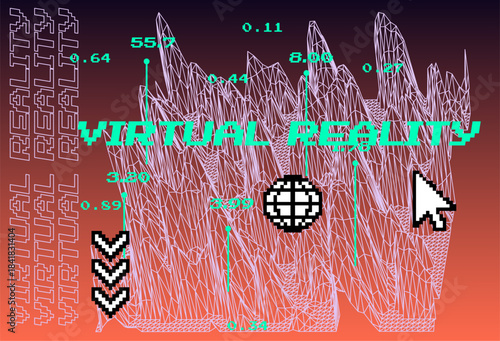 Futuristic vector illustration in retro 3D style with neon grid wireframes, digital icons, and bold text. Conceptual vector illustration for virtual reality, technology, and cyberspace themes.