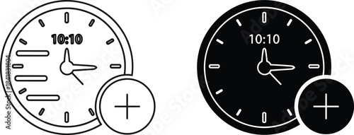 Minimalist icon set of clocks showing 10:10, add time symbol, scheduling UI element, vintage illustration, digital interface design