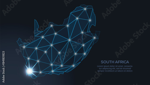 Geometric low-poly vector depiction of South-Africa, showing illuminated cities and population clusters as sparkling dots and space-inspired stars. digital communication network