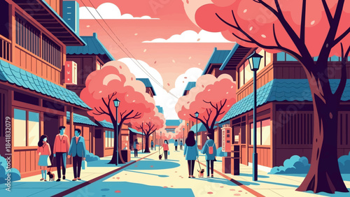 A vibrant illustration of a traditional Japanese street scene with cherry blossom trees and people strolling under a pink sky.