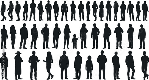 Diverse human silhouettes, standing walking poses, black vector people, crowd illustration, posture variety, fashion outline, adult child mix, gesture icons