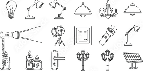 Hand drawn sketch of lighting fixtures, bulbs, lamps, candles, switches, solar panel, vintage illustration, indoor and outdoor light sources
