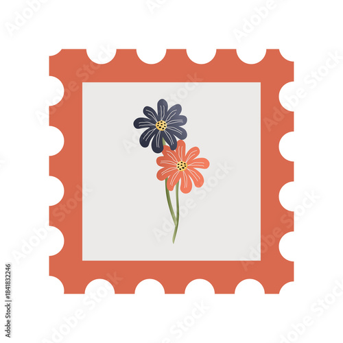 Postage stamp with flowers. Stamp for invitations, stationery, journals, scrapbook stickers. vector illustration