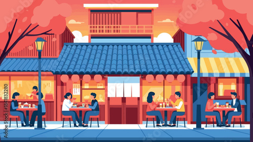 Lively flat vector illustration of a charming Japanese street bustling with people dining al fresco at traditional eateries amidst vibrant autumn foliage
