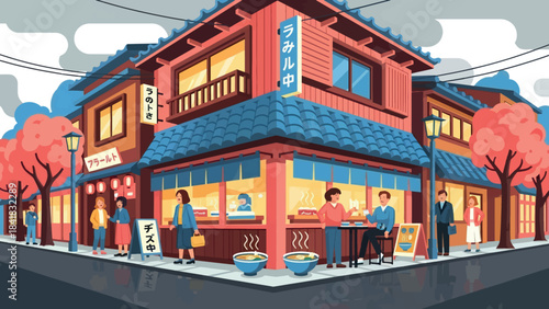 Vibrant illustration depicting a lively Asian street corner, showcasing traditional buildings, blooming cherry blossoms, and people enjoying urban life