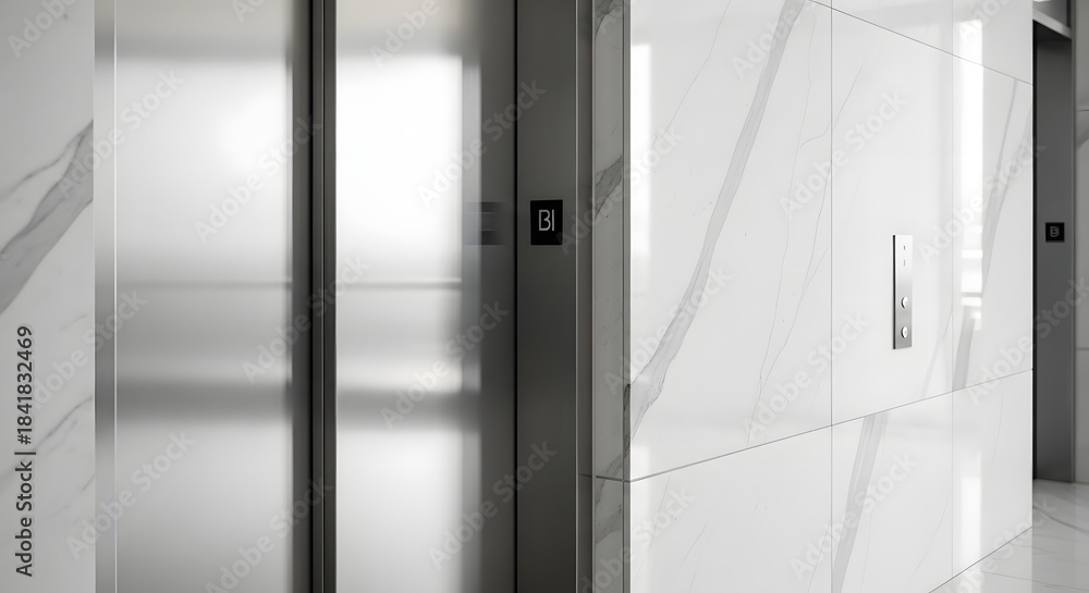 Obraz premium Sleek stainless steel elevator doors slowly closing in a luxury office building lobby for professional progress concept and modern interior design