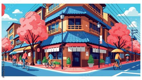 Idyllic Scene of a Quaint Japanese Street Lined with Cherry Blossoms and Bustling with Cyclists