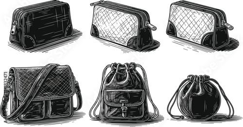 Hand drawn sketch of zippered pouches, drawstring bags, shoulder bags, fashion accessories, vintage illustration, product design, bag collection