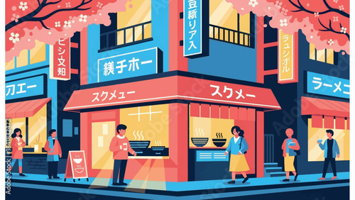 Vibrant illustration of a Japanese street scene with people dining and shopping at various food stalls and shops under cherry blossom trees