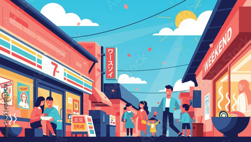 Vibrant street scene with families enjoying a leisurely weekend in a bustling Asian city