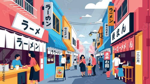 Vibrant Anime Street Scene with People Enjoying Food and Shopping in a Bustling Cityscape