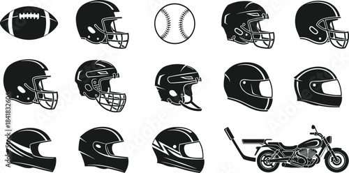 Helmet collection, sports safety gear, motorcycle helmet icons, football baseball protection, black vector set, headwear illustration, equipment design