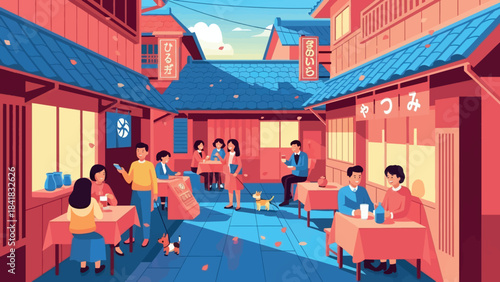 Vibrant Japanese Courtyard Scene with People Enjoying Food and Drinks at Outdoor Cafes