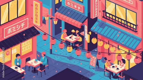 Vibrant isometric illustration capturing the lively atmosphere of an Asian street at night, with people enjoying outdoor dining and the warm glow of traditional lanterns