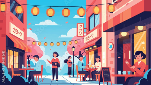 Vibrant illustration of a bustling Japanese street scene with people dining outdoors under lanterns and cherry blossoms.