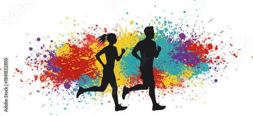 Running man and woman, vector silhouettes. Run, side view. Silhouettes of athletic looking male and female runners running. EPS version.