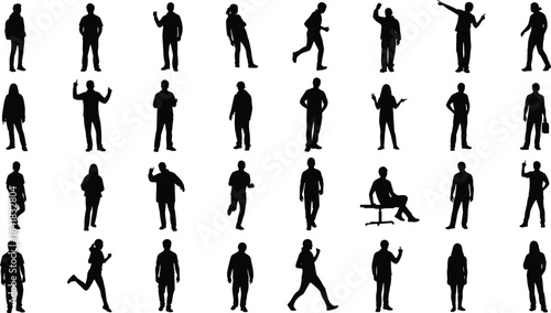 Human posture silhouettes, gesture icons, walking sitting pointing, black vector people, motion poses, body language, standing running waving